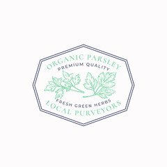 Parsley Frame Badge or Logo Template. Hand Drawn Leaves Branch Sketch with Retro Typography and Borders. Vintage Herbs or Spice Premium Emblem.