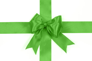 Shiny green satin bow on a white background with no shadows in close-up ( high details)