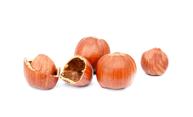 Group fresh hazelnuts isolated on white background