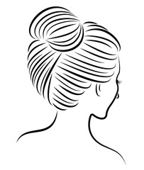 Collection. Silhouette of the head of a lovely lady. The girl demonstrates her pech hairstyle for long and medium hair. Suitable for logo, advertising. Vector illustration set.