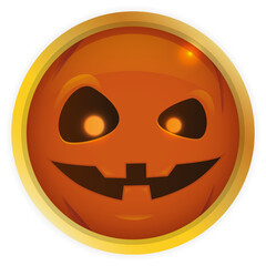 Round Button with Halloween Pumpkin Face inside of It, Vector Illustration