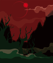Spooky View of a Solar Eclipse with Red Sky, Vector Illustration