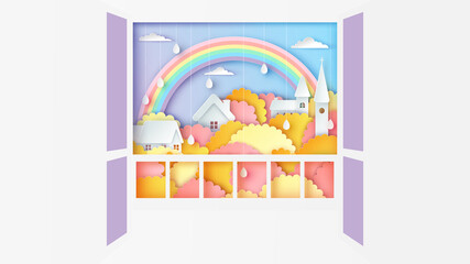 Looking out from door at balcony to landscape of castles with forest and a beautiful rainbow on the sky in rainy season. paper cut and craft style. vector, illustration.