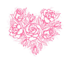 Flower set of pink roses. realistic, hand-drawn flowers elements in the shape of a heart. romantic bouquet for advertising, Wallpaper, paper, decor, greeting cards, invitations