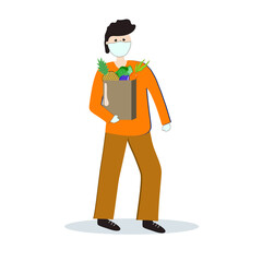 The man carries bags of groceries. Contactless delivery. Vector illustration.