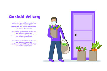 A man in a medical mask and gloves carries food bags to the door. Contactless delivery. Vector illustration.