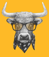 Portrait of Bull with glasses and scarf. Hand-drawn illustration.
