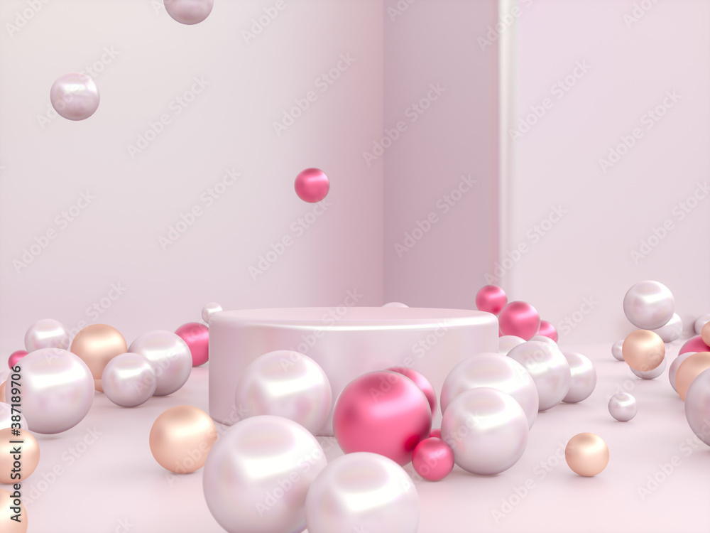 Poster abstract christmas podium backdrop with geometric balls. 3d render.