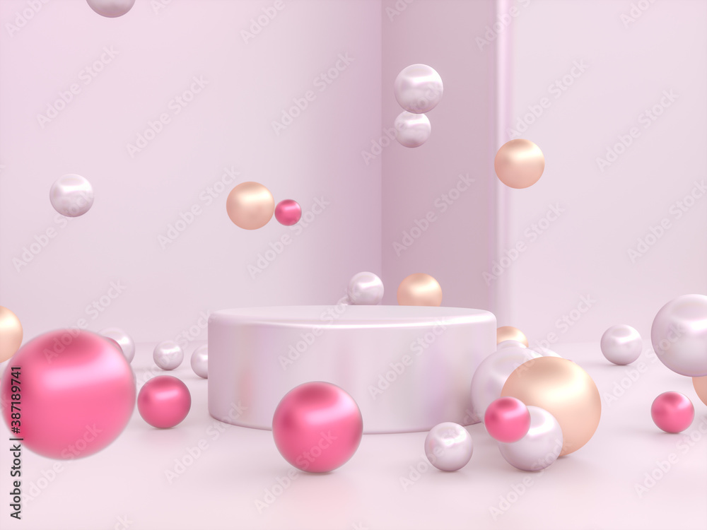 Poster abstract christmas podium backdrop with geometric balls. 3d render.