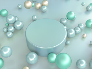 Abstract Christmas podium backdrop with geometric balls. 3d render.