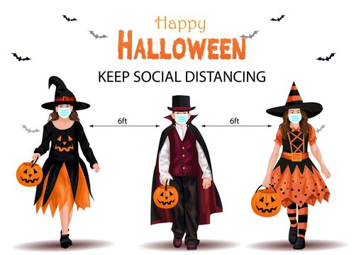 Kids walking on Halloween trick or treat. Halloween costumes with candy bags. keep social distancing. vector illustration. covid corona concept