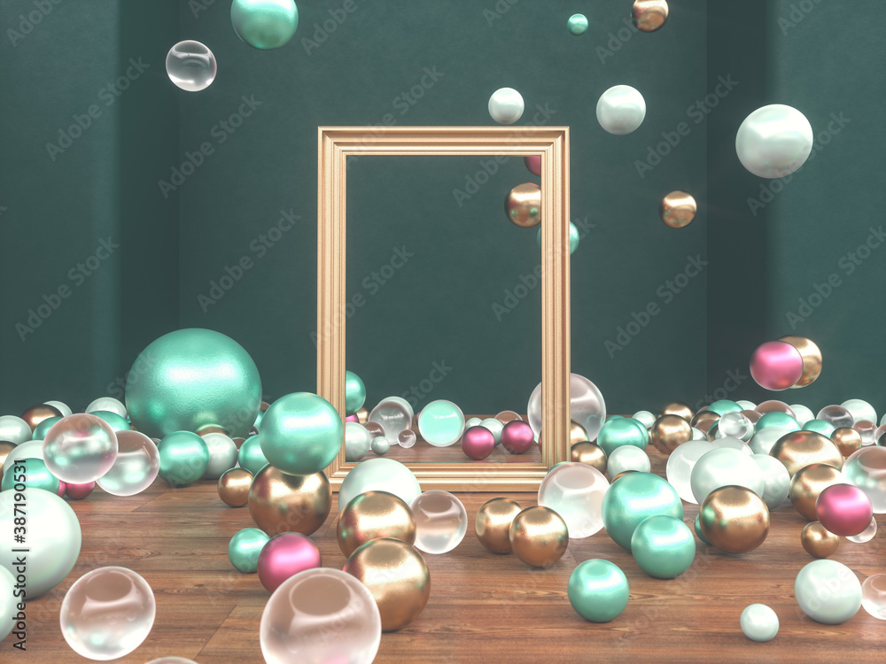 Poster abstract christmas podium backdrop with geometric balls. 3d render.