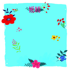 Naklejka premium Blue floral background for text. Vector. Flora on a square. Design template for letters, menus and packaging.