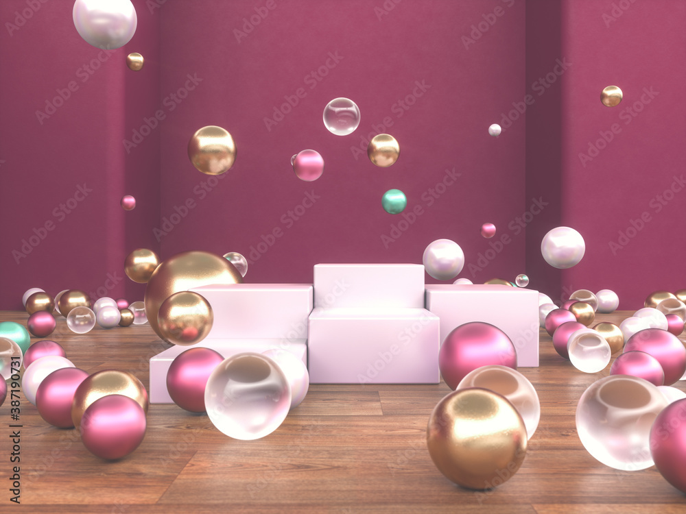 Poster abstract christmas podium backdrop with geometric balls. 3d render.