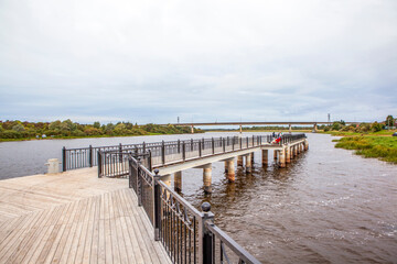 Obraz premium Berth for passenger ships in the Volkhov water area. The village of Gruzino. Novgorod region. Russia