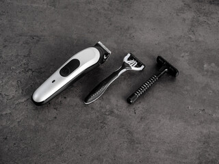 Set of grooming accessories on a concrete background, flat lay top view