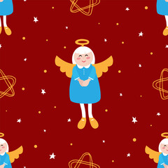 Hand-drawn illustration. Angel on a red background. Vector seamless background for gift wrapping, postcards, web, design, textiles.