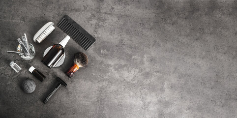Set of grooming accessories on a concrete background, flat lay top view