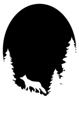 Fox in forest silhouette. Clip art black and white