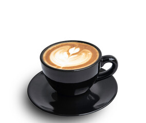 Hot Coffee Latte with Latte art in Black glass isolated white background with clipping path.