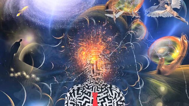 Spiritual composition. Burning head man meditates in lotus pose in surreal landscape