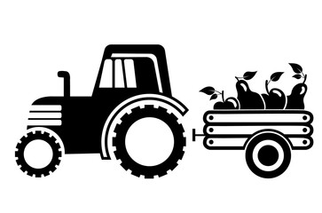 Agricultural vector icon of tractor and trailer with fruits.  Silhouette illustration of farm machinery isolated on white background.