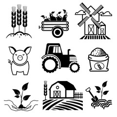 Agricultural icon set isolated on white background.Tractor, cow,windmill,weat,and vintage farm buildind on the field silhouette vector illustration for web design.