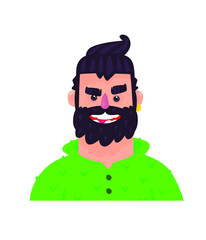 Illustration of a young man. Vector. Adult guy cartoon character for advertising and design. Bright positive hipster in a green sweater. Profile avatar.