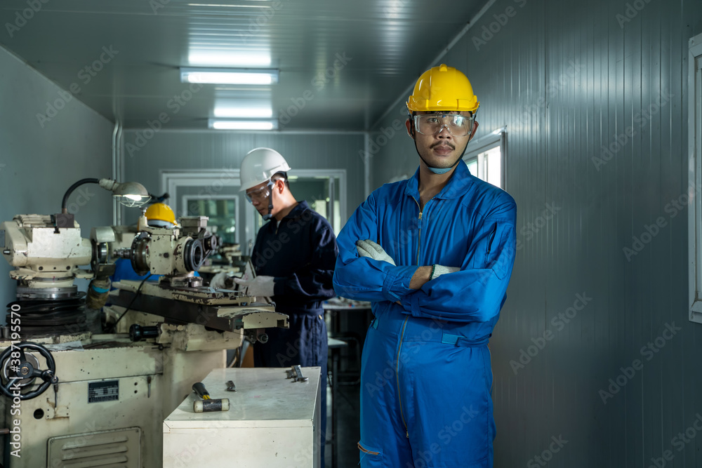 Poster the industrial worker team working in factory with the machine.