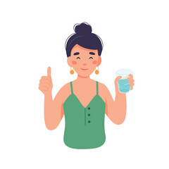 Drink more water. Woman character with a glass of water