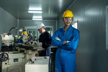 The industrial worker team working in factory with the machine.