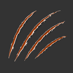 Red claws animal scratch scrape track isolated on dark background. Vector illustration, eps10. Cat tiger scratches paw shape. Four nails trace. Damaged cloth. Ragged edges.