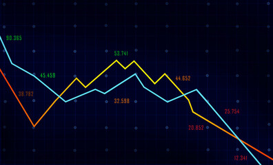 Illustration of a financial graph of lines, analyzing stock prices and business statistics on a blue background, concepts