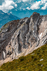 Fototapeta na wymiar Beautiful alpine view with fascinating twisted rock formations at the famous Karwendel summit near Mittenwald, Bavaria, Germany