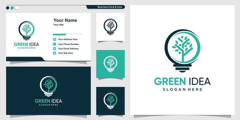 Green idea logo with modern concept and business card design Premium Vector