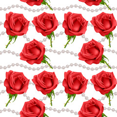 Seamless Endless Pattern with Print of beautiful roses and realistic pearls on white background. Can be used in food industry for wallpapers, posters, wrapping paper, wedding cards.