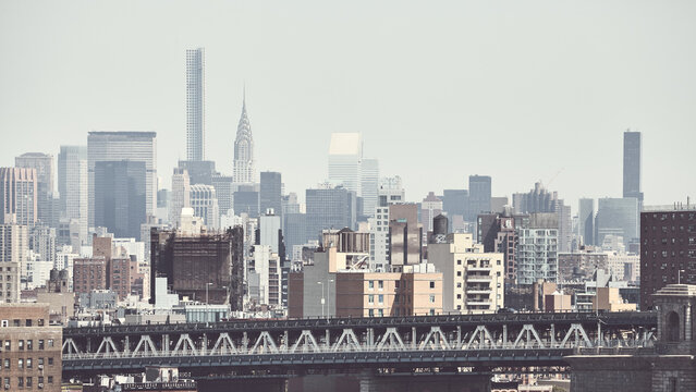 Retro stylized picture of Manhattan skyline, New York City, USA.
