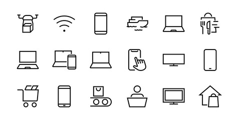 SMART devices and gadgets linear icons set, vector, contains icons computer, camera, laptop, phone, web devices, electronic appliances, and much more. Editable stroke