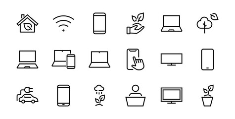 SMART devices and gadgets linear icons set, vector, contains icons computer, camera, laptop, phone, web devices, electronic appliances, and much more. Editable stroke