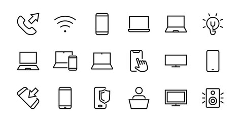 SMART devices and gadgets linear icons set, vector, contains icons computer, camera, laptop, phone, web devices, electronic appliances, and much more. Editable stroke