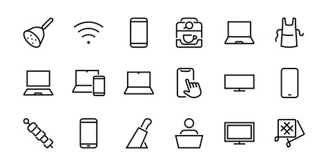 SMART devices and gadgets linear icons set, vector, contains icons computer, camera, laptop, phone, web devices, electronic appliances, and much more. Editable stroke