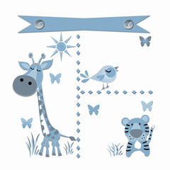 Isolated cute animals: giraffe, tiger cub, bird. Perfect monochrome blue print for postcards, albums, stickers.