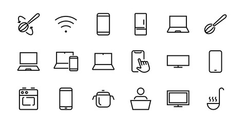 SMART devices and gadgets linear icons set, vector, contains icons computer, camera, laptop, phone, web devices, electronic appliances, and much more. Editable stroke