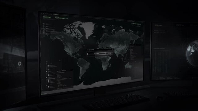 Government satellite control center. Secret Surveillance room. System tracking hackers connection. Decoding process. Tracking location all over the world and discovers in Shanghai. China.