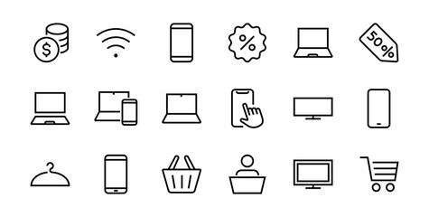 SMART devices and gadgets linear icons set, vector, contains icons computer, camera, laptop, phone, web devices, electronic appliances, and much more. Editable stroke