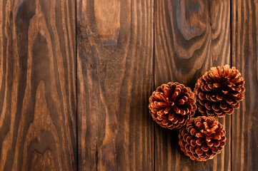 Christmas or New Year decoration background: with pine, on rustic and dark wooden background and with space for text. Minimalist background. Top view
