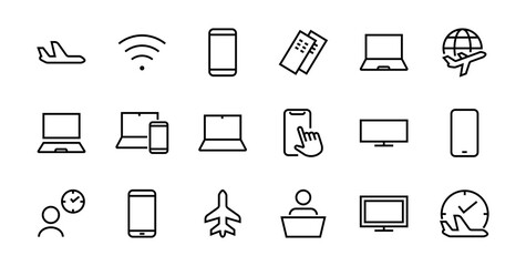 SMART devices and gadgets linear icons set, vector, contains icons computer, camera, laptop, phone, web devices, electronic appliances, and much more. Editable stroke