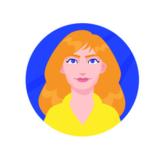 Illustration of a young ordinary girl. Vector. Cartoon Asian woman with long hair. Character for advertising and design. Bright image of a businesswoman. Profile avatar. Hero in a circle.