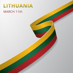 Flag of Lithuania. 11th of March. Realistic wavy ribbon in colors of lithuanian flag. Independence day. National symbol. Vector illustration. EPS10.