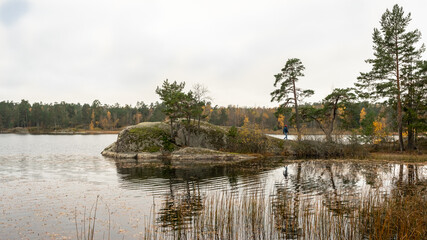 Autumn cloudy landscape. A lake with forest shores and an island in the middle.